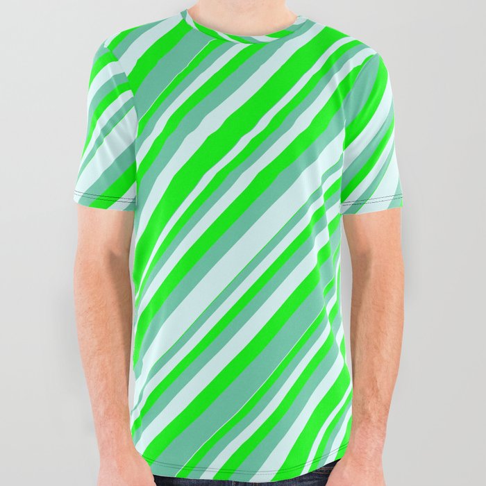 Lime, Aquamarine, and Light Cyan Colored Lines Pattern All Over Graphic Tee