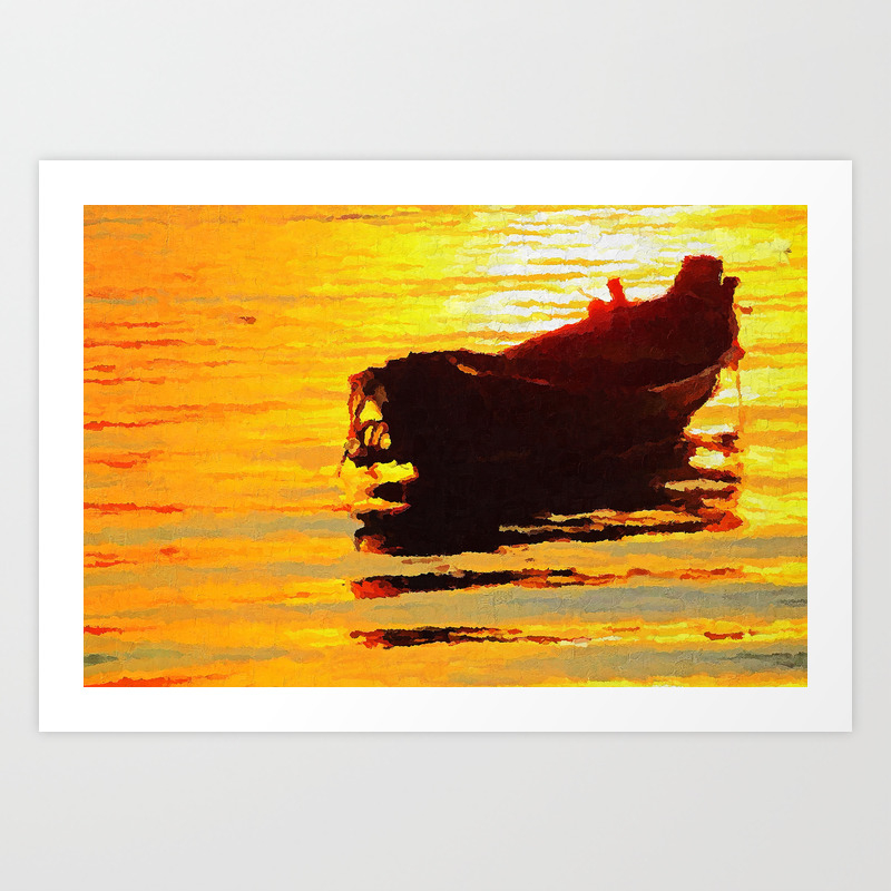 Boat At Sunset Acrylic Palette Knife Paint On Canvas Art Print