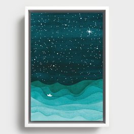Starry Ocean, teal sailboat watercolor sea waves night Framed Canvas