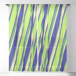 [ Thumbnail: Light Green, Tan, Dark Blue & Sea Green Colored Striped Pattern Sheer Curtain ]