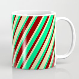 [ Thumbnail: Green, Dark Red & Pale Goldenrod Colored Stripes Pattern Coffee Mug ]