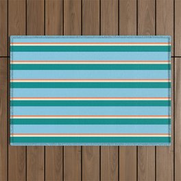 [ Thumbnail: Coral, Beige, Dark Cyan & Sky Blue Colored Stripes Pattern Outdoor Rug ]