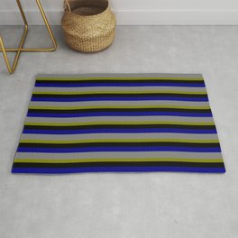 [ Thumbnail: Green, Black, Blue & Gray Colored Lined Pattern Rug ]