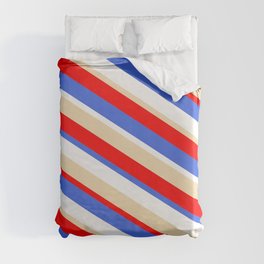 [ Thumbnail: Red, Royal Blue, White & Tan Colored Lined Pattern Duvet Cover ]