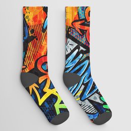 Abstract bright graffiti pattern. With bricks, paint drips, words in graffiti style. Graphic urban design Socks