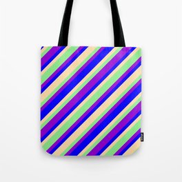 [ Thumbnail: Light Green, Dark Violet, Blue & Tan Colored Lines Pattern Tote Bag ]