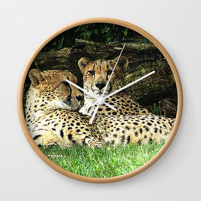Two Cheetahs Lounging in Grass in Front of Log, Grunge Photograph Wall Clock