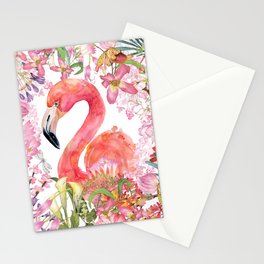 Flamingo in Tropical Flower Jungle Stationery Card