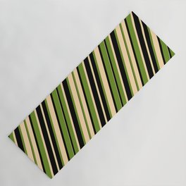 [ Thumbnail: Green, Tan & Black Colored Stripes/Lines Pattern Yoga Mat ]