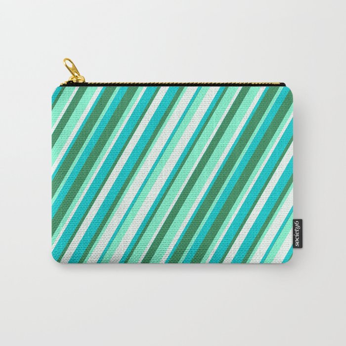 Dark Turquoise, Sea Green, Aquamarine, and Mint Cream Colored Striped/Lined Pattern Carry-All Pouch