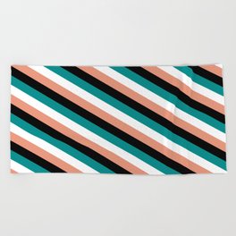 [ Thumbnail: Dark Salmon, Black, Dark Cyan, and White Colored Lines/Stripes Pattern Beach Towel ]
