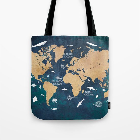 World Map Oceans Life blue Tote Bag