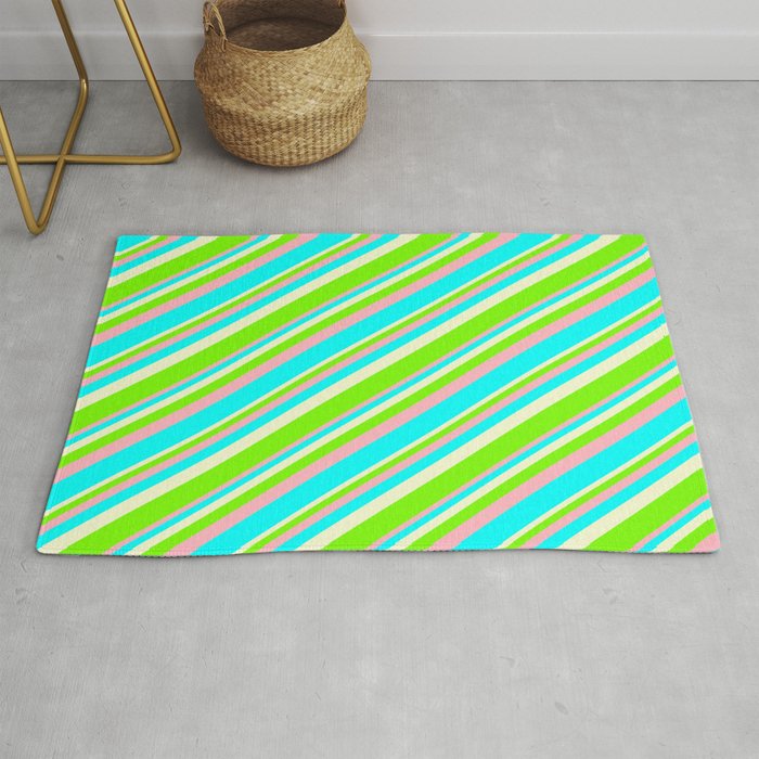 Light Yellow, Green, Light Pink, and Cyan Colored Striped/Lined Pattern Rug