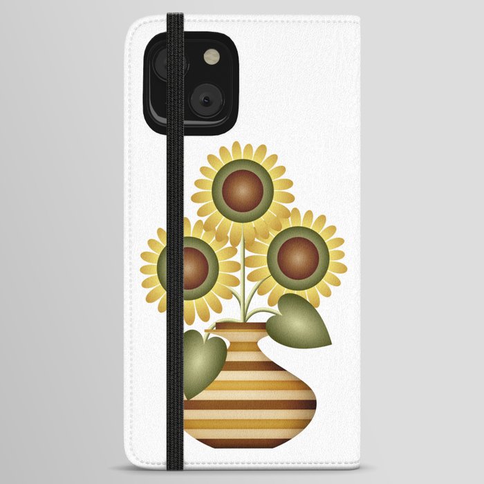 Rustic MCM Sunflowers in Wood Inlay Vase // Yellow, Green, Brown, Wheat, Cream, Black and White iPhone Wallet Case