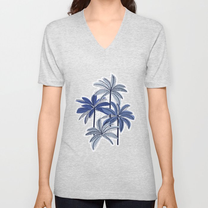 Retro Palm Springs vibes // white background highball indigo electric and pastel blue palm trees oxford navy blue lines V Neck T Shirt