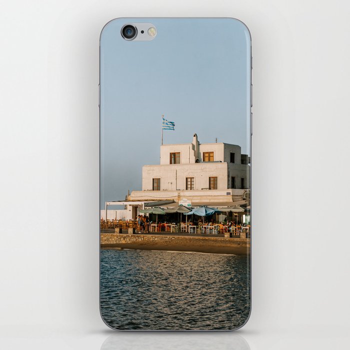 Sunset over Greek Town on the Sea | Summer Travel Photography in Greece | Building on the Seaside with Greek Flag iPhone Skin