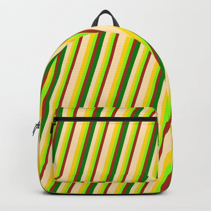 Vibrant Beige, Yellow, Chartreuse, Red & Green Colored Pattern of Stripes Backpack