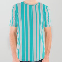 [ Thumbnail: Light Gray & Dark Turquoise Colored Stripes/Lines Pattern All Over Graphic Tee ]