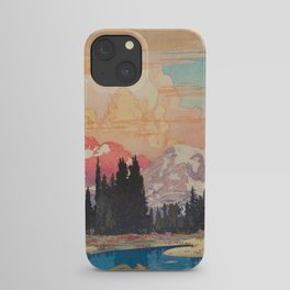 Storms over Keiisino - Winter Mountain & Forest Ukiyoe Nature Landscape in Pink, Blue, and Green iPhone Case