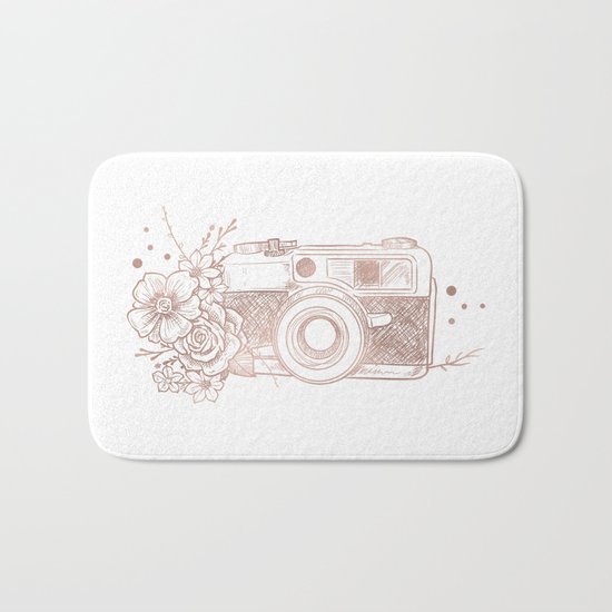 Floral Camera Pink Rose Gold Bath Mat