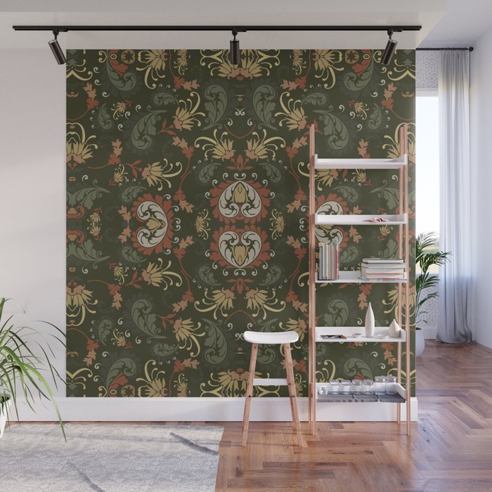 navy green and rust harvest florals bold paisley flower bohemian  Wall Mural