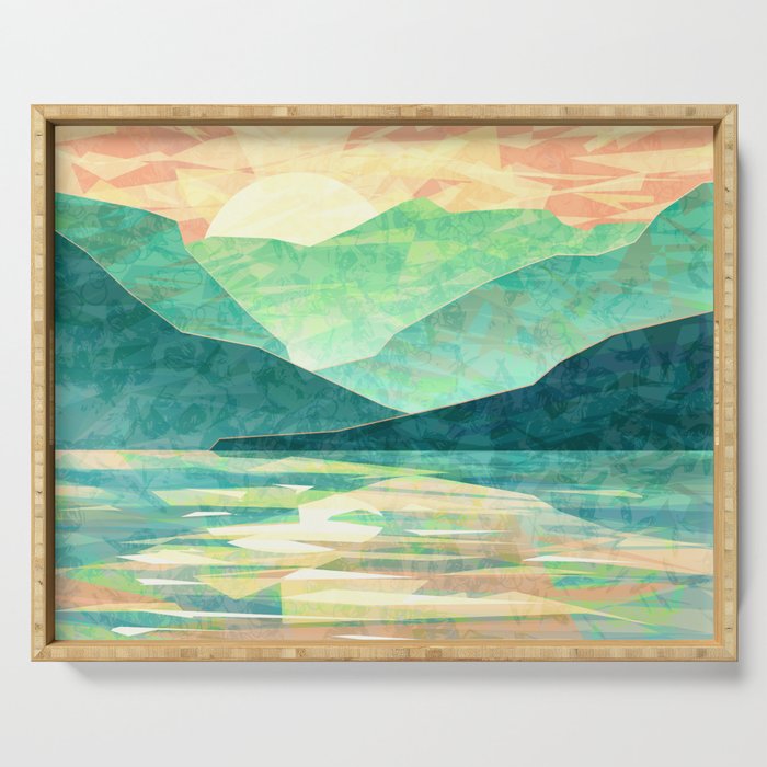 Spring Sunset Over Emerald Mountain Landscape Painting Serving Tray By Thubakabra Society6
