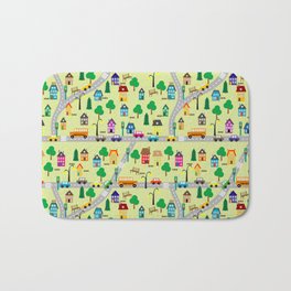 Seamless background of cartoon countryside scene Bath Mat | Town, Houses, Cartoon, Doodle, Car, Home, Country, Residential, Street, Background 