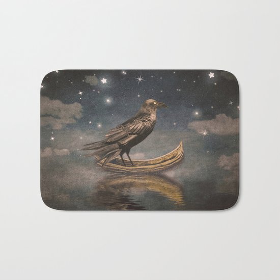 Crow in a boat at the river magical night Bath Mat