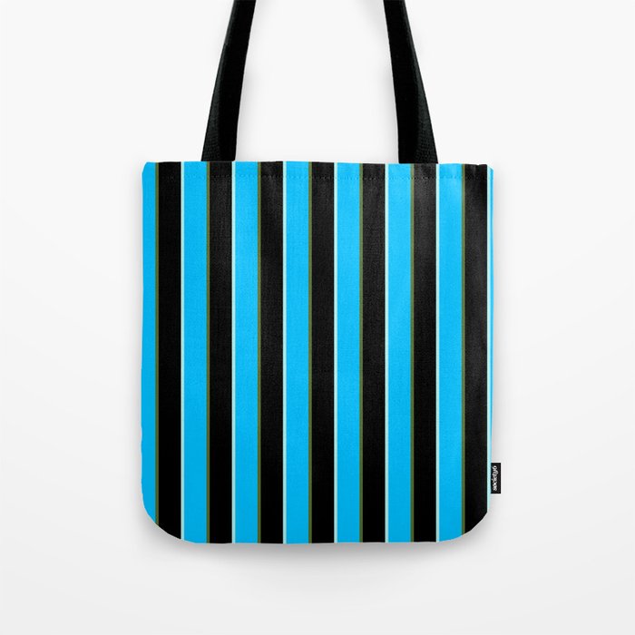 Turquoise, Deep Sky Blue, Dark Olive Green, and Black Colored Stripes/Lines Pattern Tote Bag