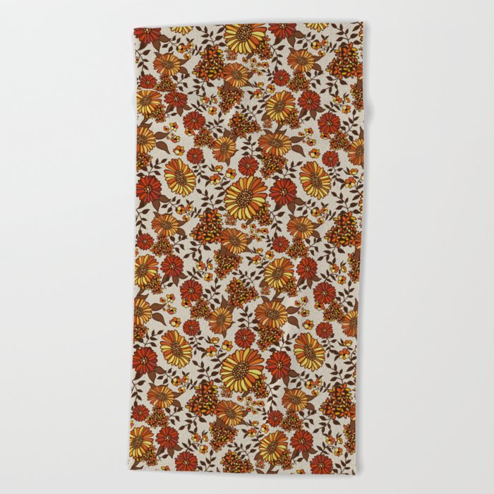 Retro 70s boho hippie orange flower power Beach Towel