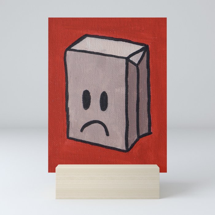 Cute Sad Stylized Cartoon Paper Bag With Red Background Mini Art Print