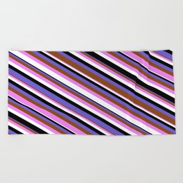 [ Thumbnail: Eye-catching Slate Blue, Brown, Violet, White & Black Colored Pattern of Stripes Beach Towel ]