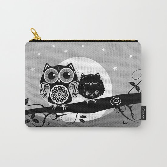 B&W Flower power Owl and her Sleepy Baby Carry-All Pouch