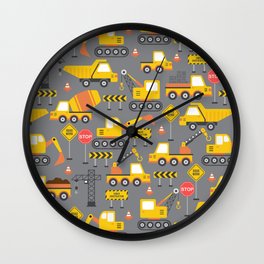 Construction Vehicles Gray Pattern Wall Clock