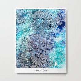 Mexico City Mexico Map Navy Blue Turquoise Watercolor Metal Print
