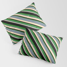 [ Thumbnail: Light Slate Gray, Beige, Black, and Forest Green Colored Lined Pattern Pillow Sham ]