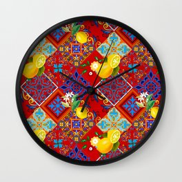 Tiles,mosaic,azulejo,quilt,Portuguese,majolica,lemons,citrus. Wall Clock