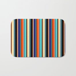 [ Thumbnail: Eyecatching Turquoise, Midnight Blue, Pale Goldenrod, Red & Black Colored Striped/Lined Pattern Bath Mat ]