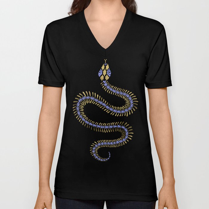 Snake Skeleton – Periwinkle & Gold V Neck T Shirt