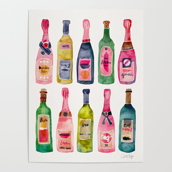 Champagne Collection Poster | Painting, Champagne, Wine, Rose, Merlot, Cheers, Bottle, Bottles, Watercolor, Catcoq