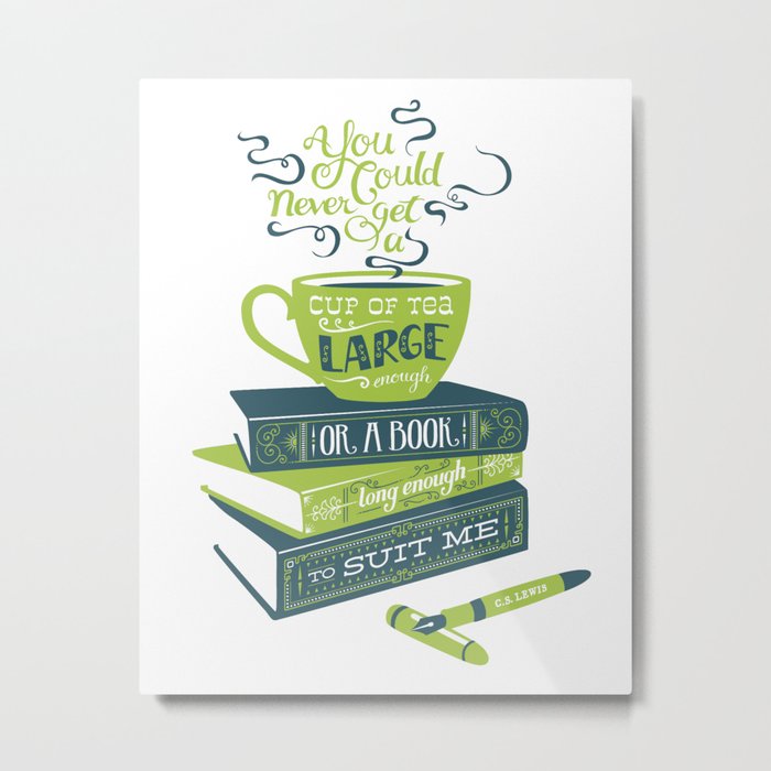 Tea & Books (C.S Lewis) - green/blue Metal Print