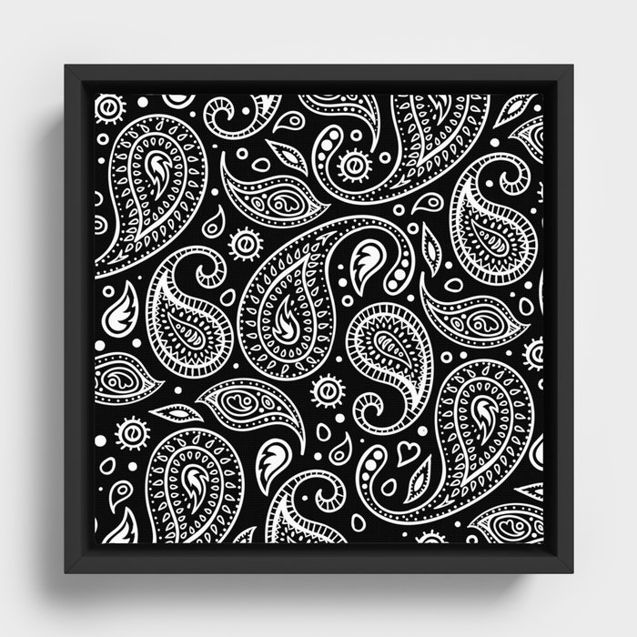 Black and White Bandana Paisley Pattern For Real Riders Framed Canvas