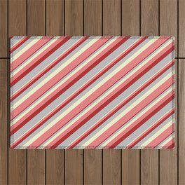 [ Thumbnail: Light Yellow, Light Coral, Red, and Grey Colored Lines/Stripes Pattern Outdoor Rug ]