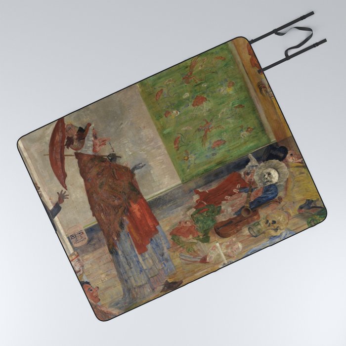 Astonishment of the Wouze Mask grotesque art portrait of death by James Ensor Picnic Blanket