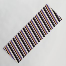 [ Thumbnail: Brown, Dark Slate Blue, Beige & Black Colored Striped Pattern Yoga Mat ]