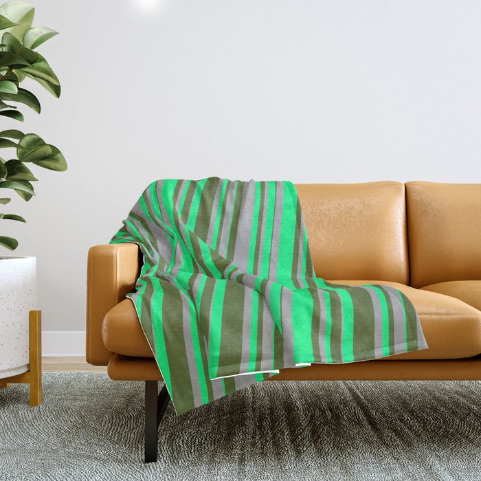 Dark Grey, Green & Dark Olive Green Colored Lines/Stripes Pattern Throw Blanket