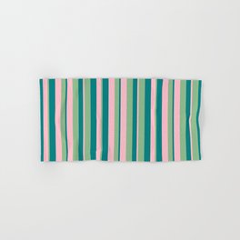 [ Thumbnail: Dark Sea Green, Pink & Teal Colored Lined/Striped Pattern Hand & Bath Towel ]