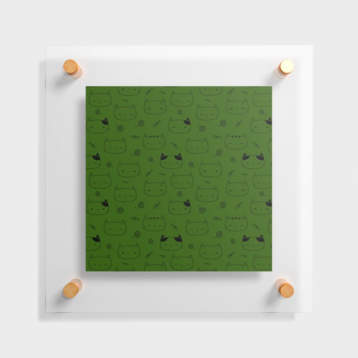 Green and Black Doodle Kitten Faces Pattern Floating Acrylic Print