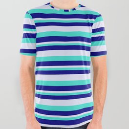 [ Thumbnail: Turquoise, Blue, and Lavender Colored Lined Pattern All Over Graphic Tee ]