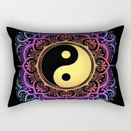 Color Circular pattern in form of mandala with ancient hand drawn symbol Yin-yang. Rainbow design on black background. Rectangular Pillow